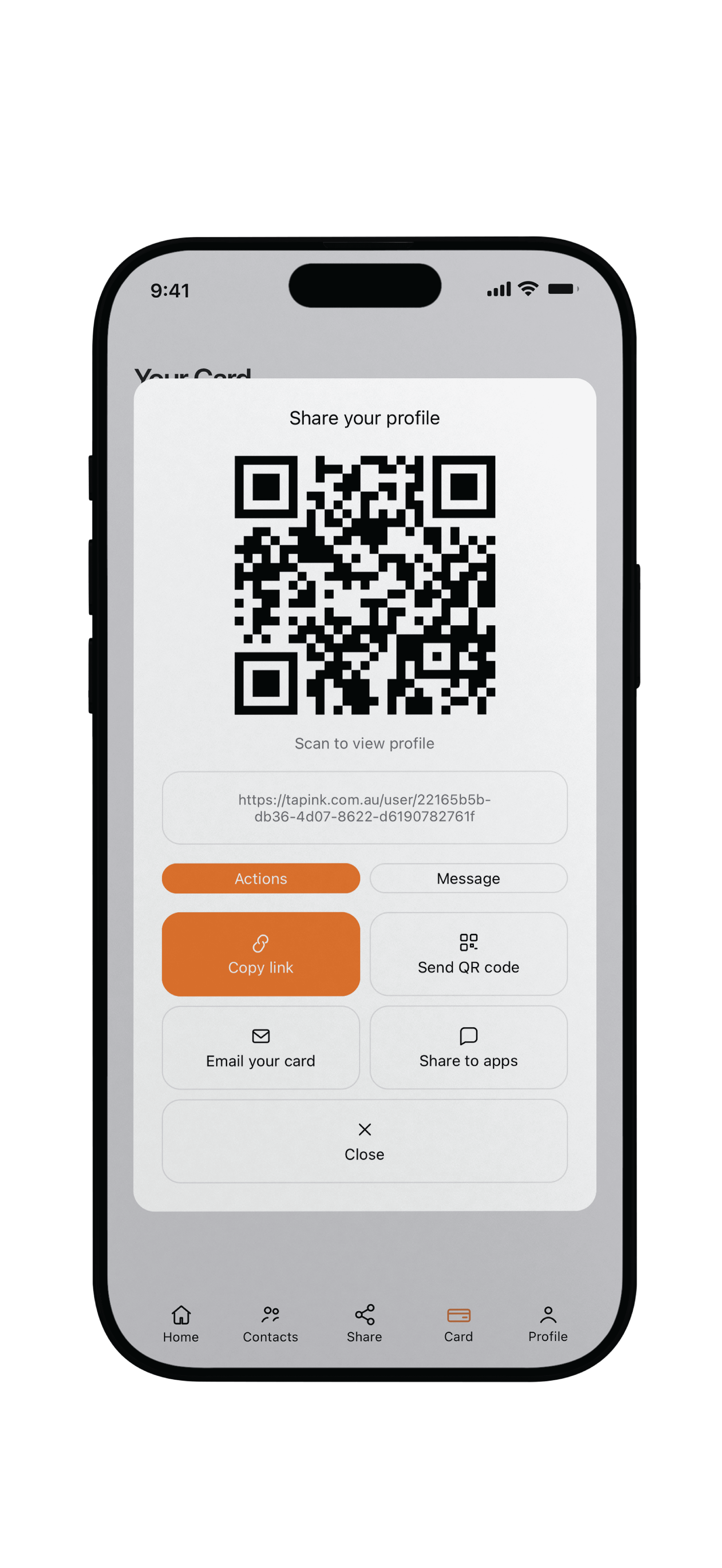 TapINK app share profile screen